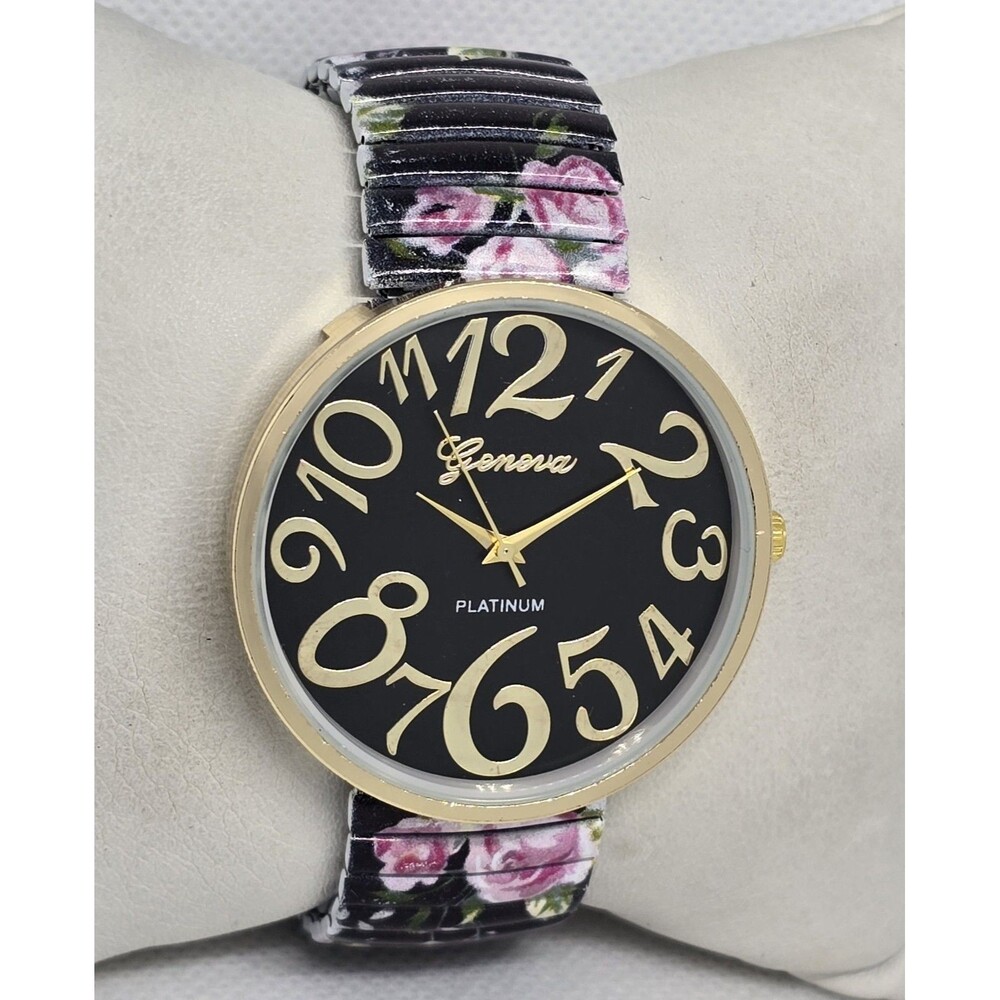 Women's Geneva Platinum Round Gold Tone Metal Floral Stretch Band Watch 13 - Picture 3 of 8